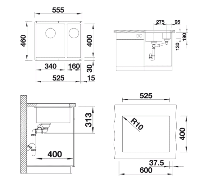 Мойка кухонная Blanco Subline 340/160-U Кофе 523567 55.5x46