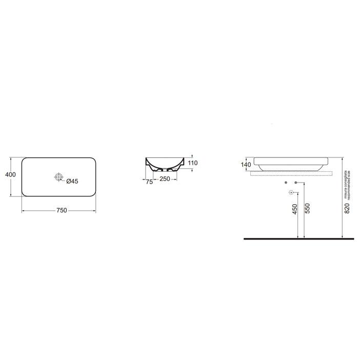 Раковина накладная Azzurra Elegance Soft ELLG075400S0BI/(ESO75 bi)*0 75х40