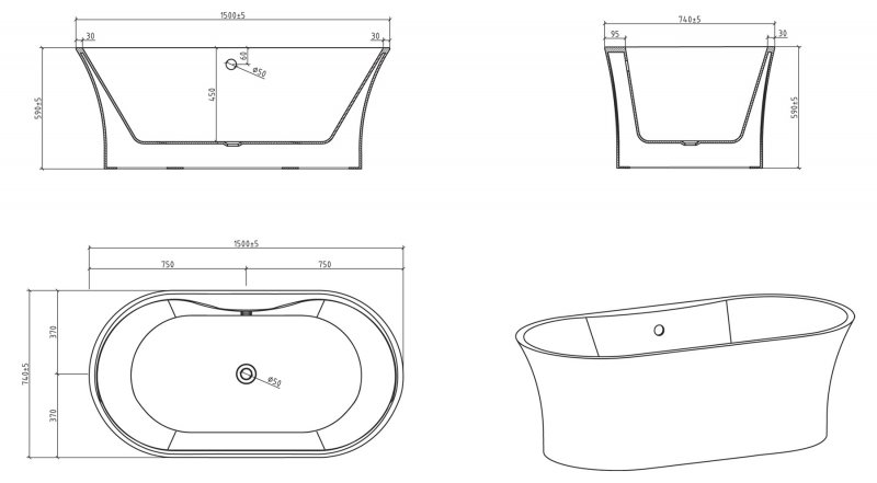 Ванна отдельностоящая BelBagno BB201-1500-800 150x74