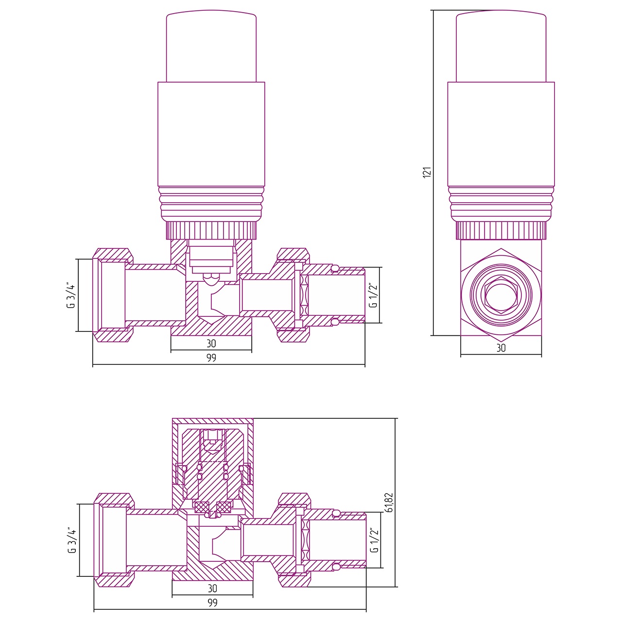 Автоматический терморегулятор  Сунержа прямой 31-1420-6203 (матовый черный-хром)