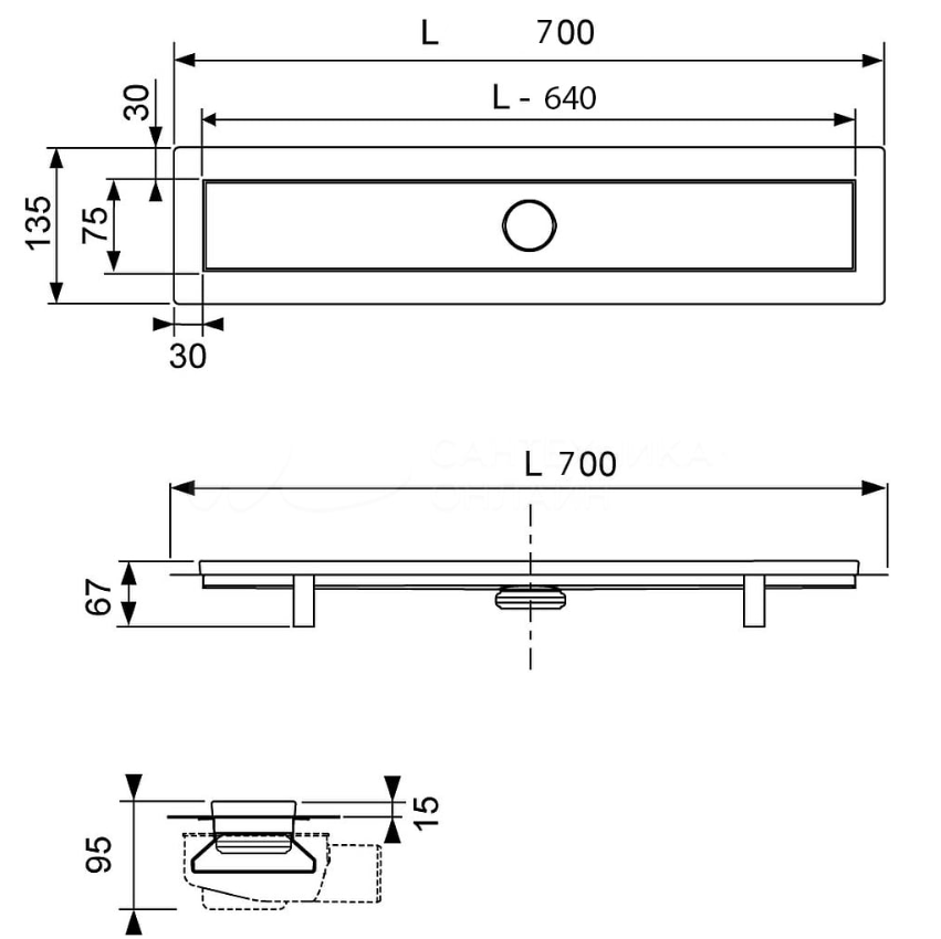 Душевой лоток 700 мм - готовый комплект для монтажа с основой для плитки и декоративной панелью TECE Linus “steel” 15103079 (нержавеющая сталь)