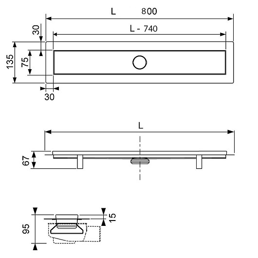 Душевой лоток 800 мм - готовый комплект для монтажа с основой для плитки и декоративной панелью TECE Linus “steel” 15103089 (нержавеющая сталь)