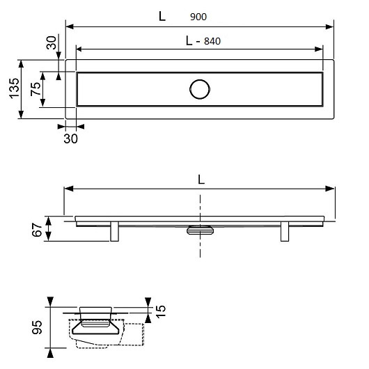 Душевой лоток 900 мм - готовый комплект для монтажа с основой для плитки и декоративной панелью TECE Linus “steel” 15103099  (нержавеющая сталь)