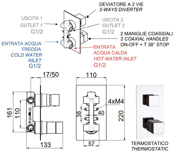 Смеситель для анны и душа Remer Wellness Qubika Thermo QT92 (хром)