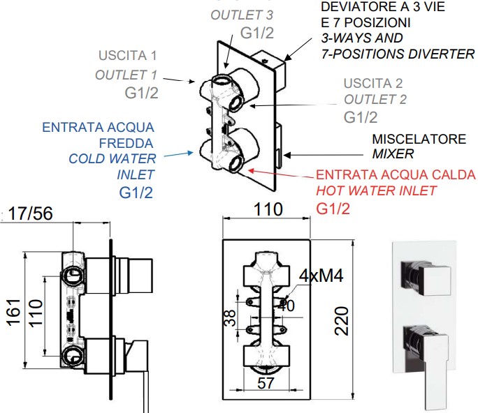 Смеситель для ванны и душа Remer Wellness Qubika Q937 (хром)
