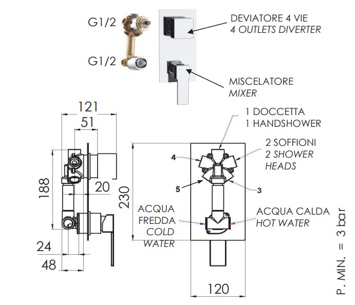 Смеситель для ванны и душа Remer Wellness Qubika Q94 (хром)
