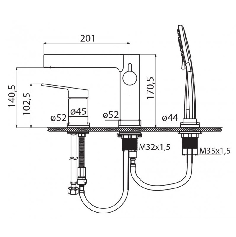 Смеситель на борт ванны Belbagno Delta DEL-BVD3-NERO (черный матовый)
