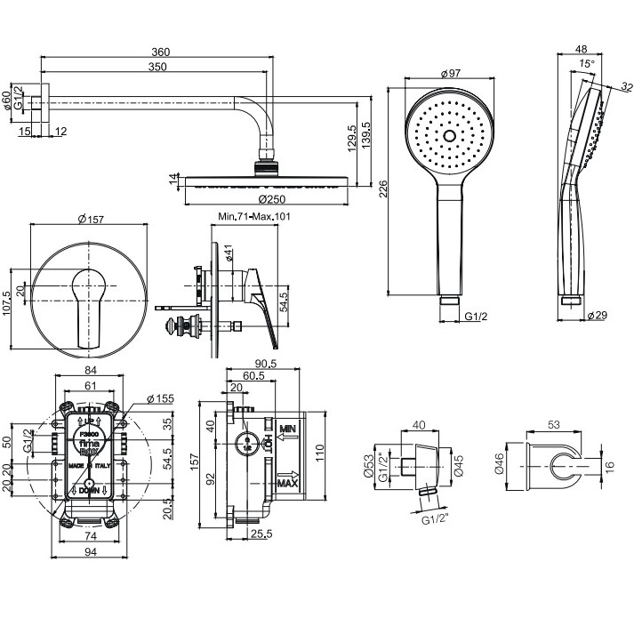 Душевой комплект встраиваемый 25x25см Fima Carlo Frattini Wellness F3789CR (хром), 2 источника