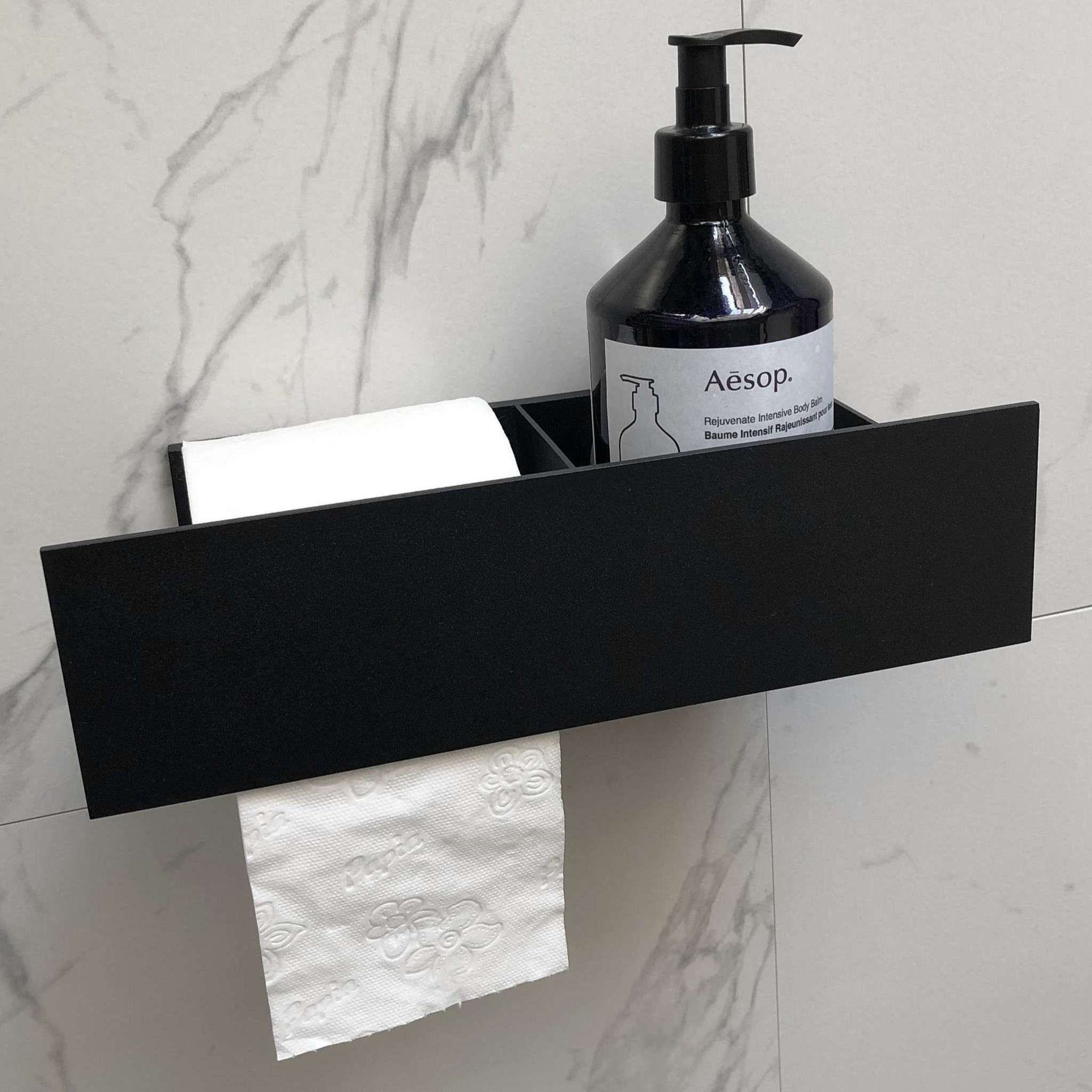 Бумагодержатель с полкой Tezza Rollo (черный), бумага слева