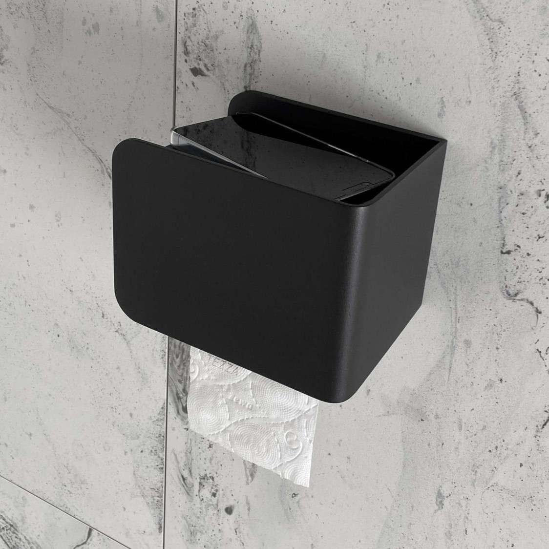 Бумагодержатель с полкой Tezza Rollo Up (черный), бумага слева