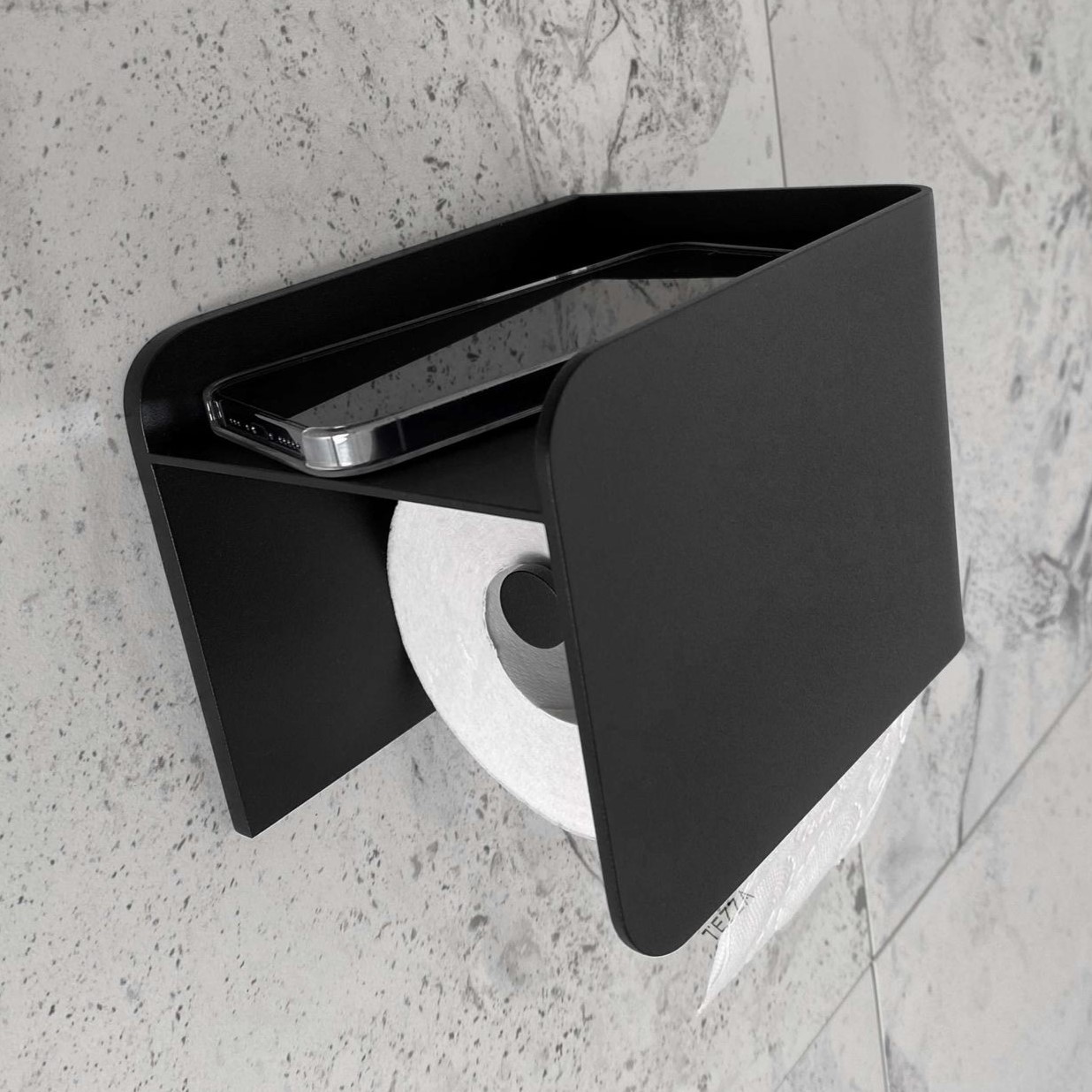 Бумагодержатель с полкой Tezza Rollo Up (черный), бумага слева