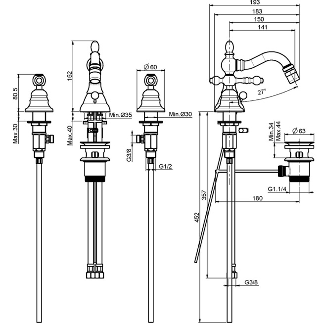 Cмеситель для биде Fima Carlo Frattini Epoque F5052BR (бронза), с донным клапаном