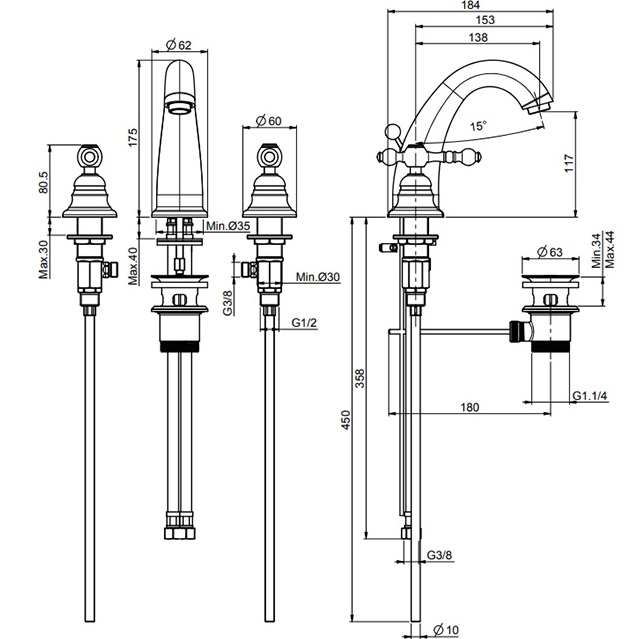 Cмеситель для раковины Fima Carlo Frattini Epoque F5071OR (золотой), с донным клапаном