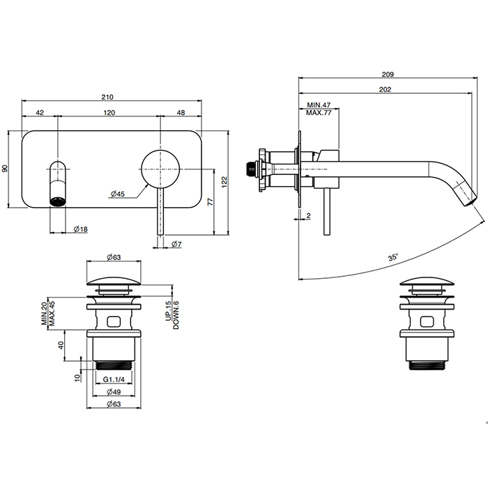 Cмеситель для раковины скрытого монтажа 20.2 см. Fima Carlo Frattini Spillo Steel F3081WLX5INOX (нержавеющая сталь), с донным клапаном