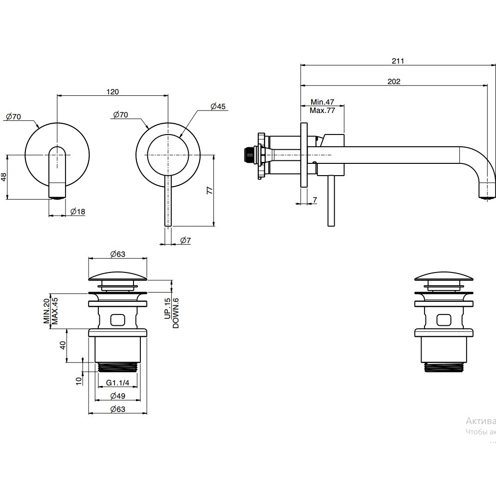 Cмеситель для раковины скрытого монтажа 20.2 см. Fima Carlo Frattini Spillo Steel F3081WLX9INOX (нержавеющая сталь), с донным клапаном