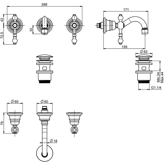 Cмеситель для раковины скрытого монтажа 16см. Fima Carlo Frattini Epoque F5051/5CR (хром), с донным клапаном