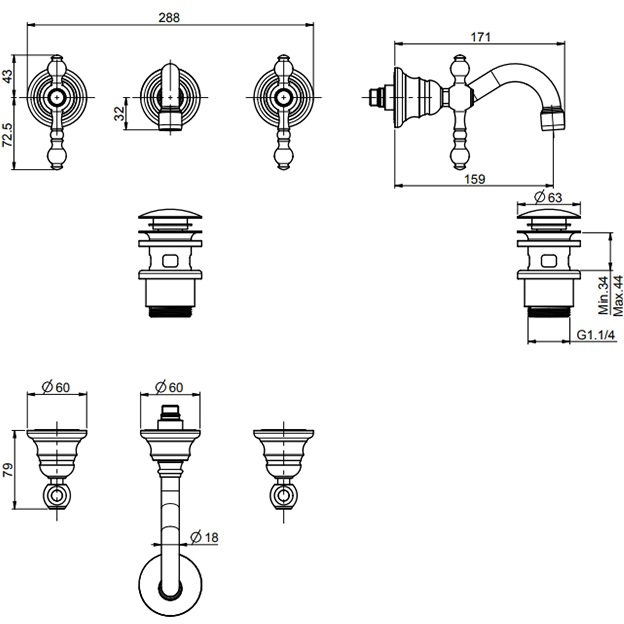 Cмеситель для раковины скрытого монтажа 16 см. Fima Carlo Frattini Epoque F5051/5OR (золотой), с донным клапаном