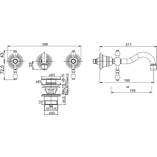 Cмеситель для раковины скрытого монтажа 20 см. Fima Carlo Frattini Epoque F5051L/5CR (хром), с донным клапаном