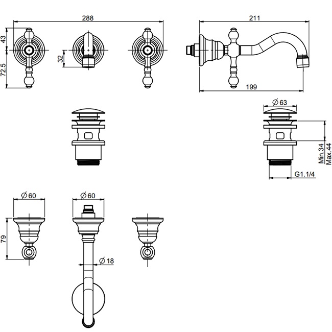 Cмеситель для раковины скрытого монтажа 20 см. Fima Carlo Frattini Epoque F5051L/5OR (золотой), с донным клапаном