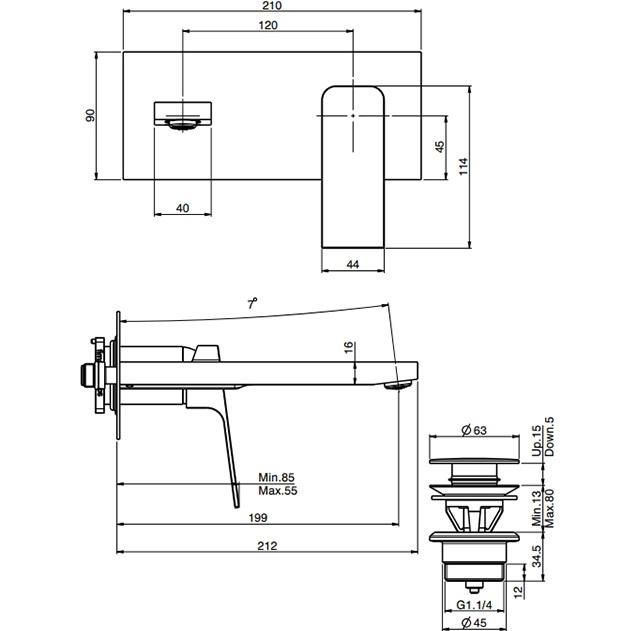 Cмеситель для раковины скрытого монтажа 20 см. Fima Carlo Frattini Fit F3391WLX5NS (черный матовый), с донным клапаном