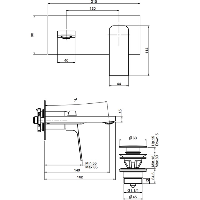 Cмеситель для раковины скрытого монтажа 15 см. Fima Carlo Frattini Fit F3391WX5CR (хром), с донным клапаном