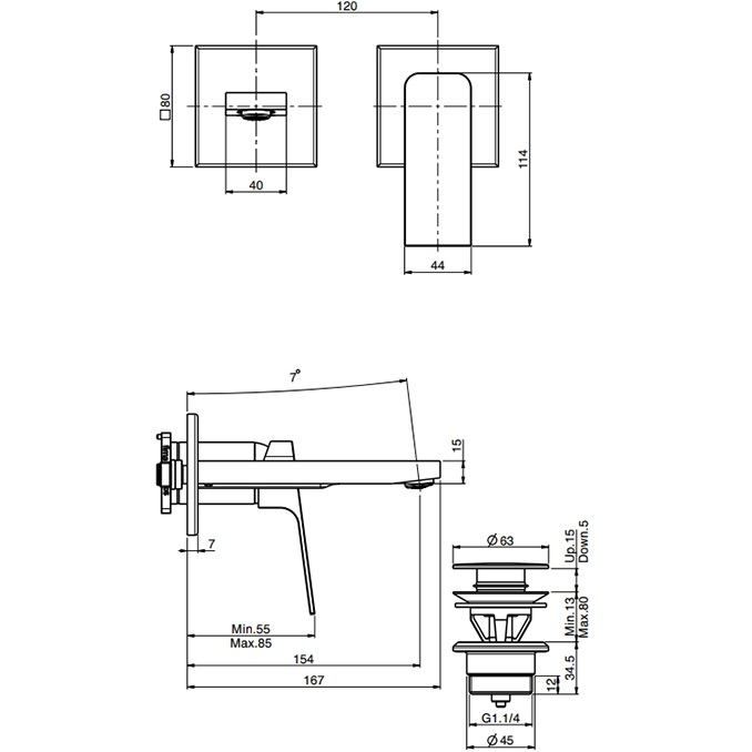 Cмеситель для раковины скрытого монтажа 15.4 см. Fima Carlo Frattini Fit F3391WX8NS (черный матовый), с донным клапаном