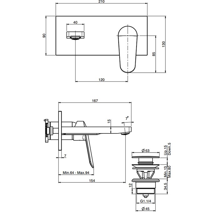 Cмеситель для раковины скрытого монтажа излив 15 см Fima Carlo Frattini Spot F3021WX5CR (хром), с донным клапаном