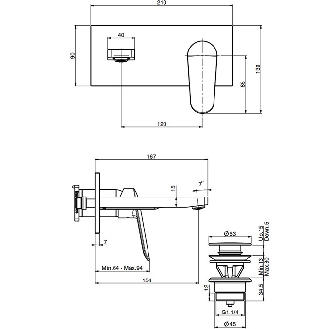 Cмеситель для раковины скрытого монтажа излив 15 см Fima Carlo Frattini Spot F3021WX5NS (черный матовый), с донным клапаном