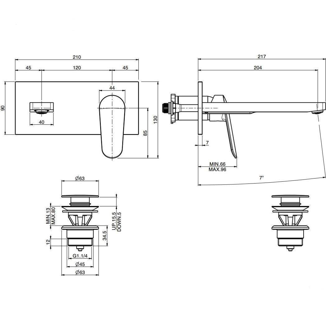 Cмеситель для раковины скрытого монтажа излив 20.4 см Fima Carlo Frattini Spot F3021WLX5NS (черный матовый), с донным клапаном