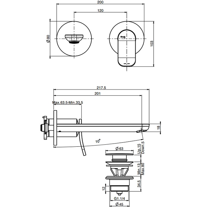 Cмеситель для раковины встраиваемый Fima Carlo Frattini Flo F3821WLX8OR (золотой), с донным клапаном