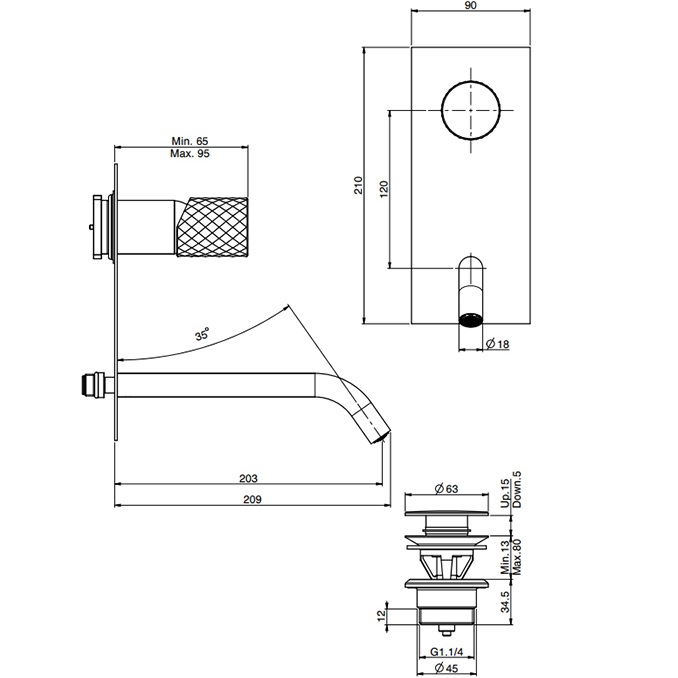Cмеситель для раковины встраиваемый Fima Carlo Frattini Spillo Tech F3051TWLX5XNS (черный матовый), с донным клапаном