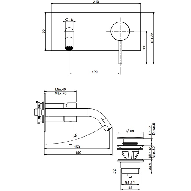 Cмеситель для раковины встраиваемый Fima Carlo Frattini Spillo Tech F3051TWX5XNS (черный матовый), с донным клапаном