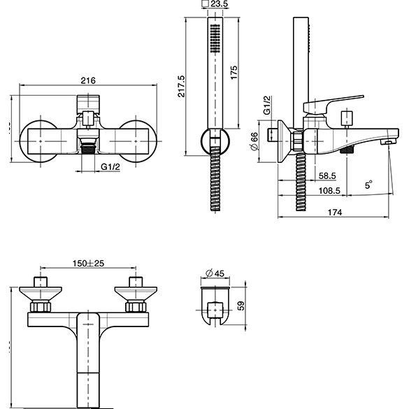 Cмеситель для ванны настенный Fima Carlo Frattini Fit F3384NS (черный матовый), с ручным душем