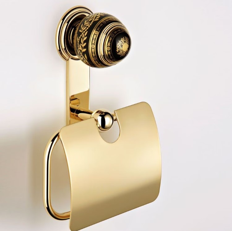 Держатель для туалетной бумаги с крышкой подвесной THG Marquise porcelaine noire A7F-F01-538AC (золотой, черный фарфор)