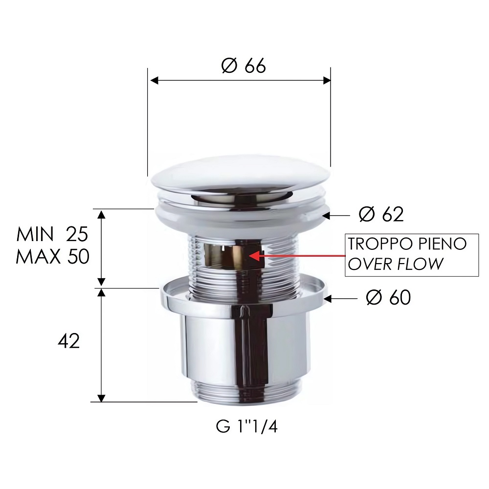 Донный клапан Remer 905CC2114 (хром), с переливом, короткий