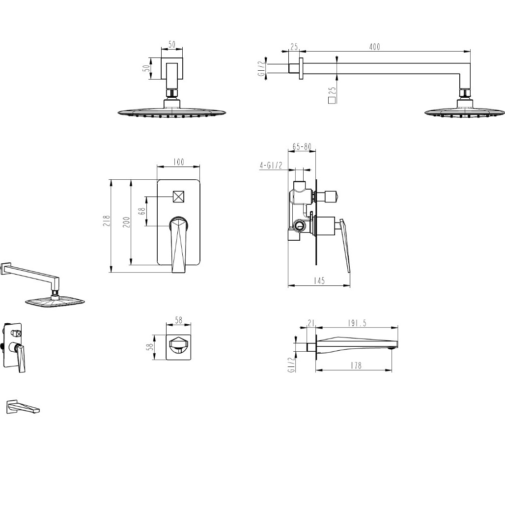 Душевой комплект 20x20 см. Boheme Venturo 374-2 (хром), с изливом