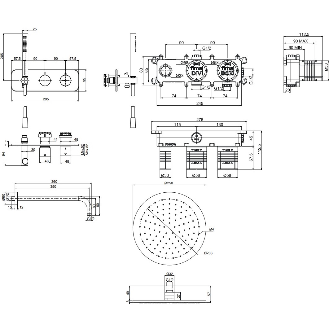 Душевая система 25х25см Fima Carlo Frattini Wellness Sistemi doccia F3149WX3R252CR (хром), с термостатом, 2 источника