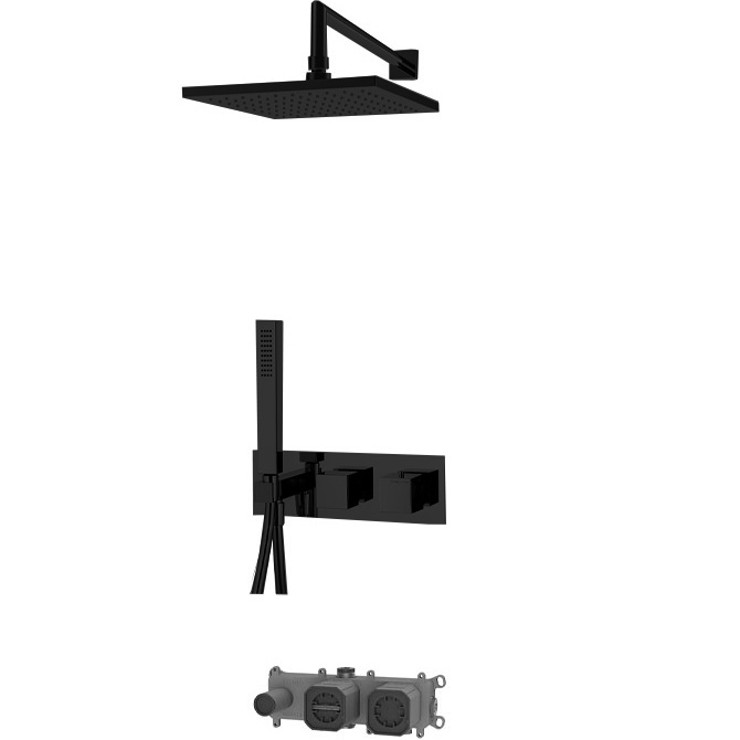 Душевая система 25х25см Fima Carlo Frattini Wellness Sistemi doccia F3989WX3Q256NS (черный матовый), с термостатом, 2 источника