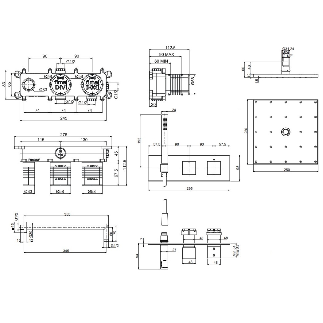 Душевая система 25х25см Fima Carlo Frattini Wellness Sistemi doccia F3989WX3Q256NS (черный матовый), с термостатом, 2 источника