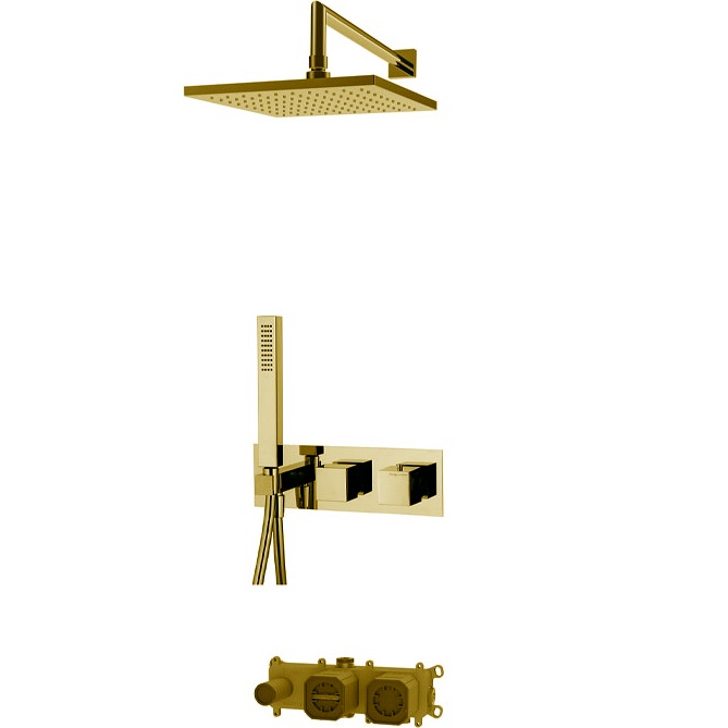 Душевая система 25х25см Fima Carlo Frattini Wellness Sistemi doccia F3989WX3Q256OR (золотой), с термостатом, 2 источника