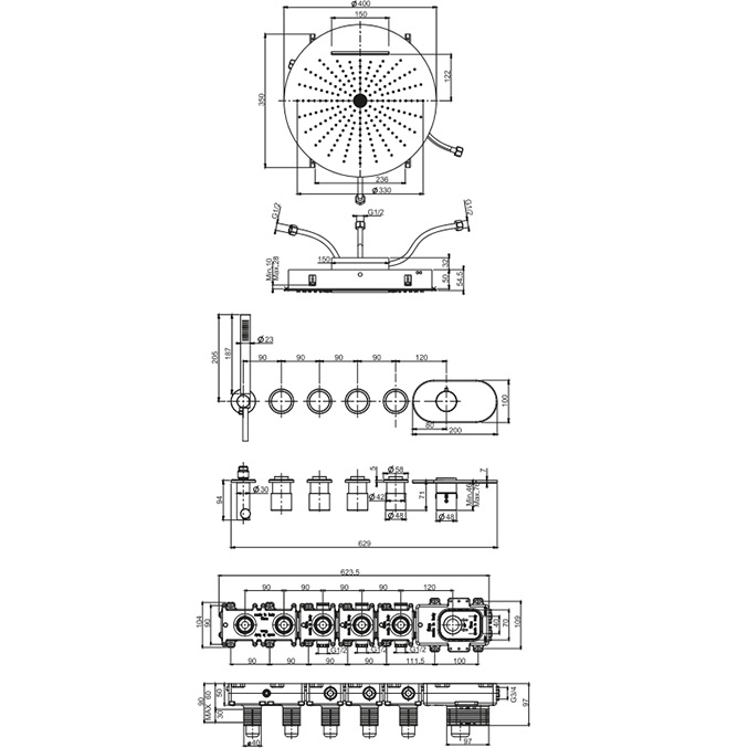 Душевая система 40x40 см. Fima Carlo Frattini Sistemi doccia F3188X4R40NS (черный матовый), с термостатом, на 4 источника