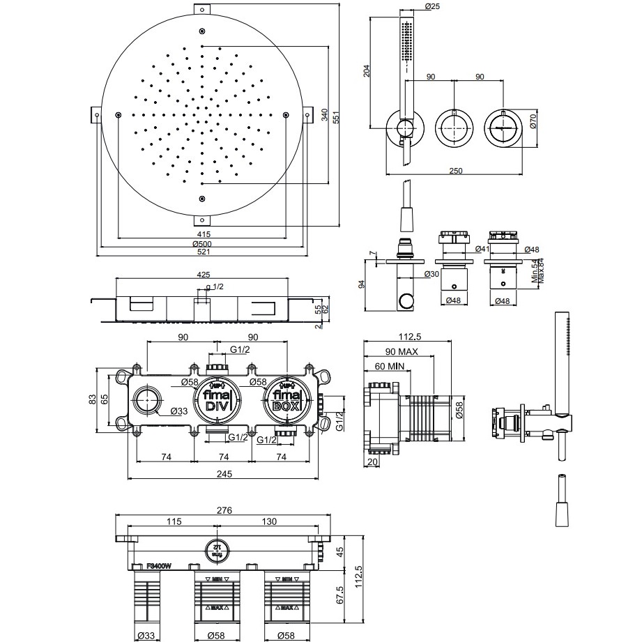Душевая система 49x49 см. Fima Carlo Frattini Sistemi doccia F3149WX9R50CR (хром), с термостатом, на 2 источника