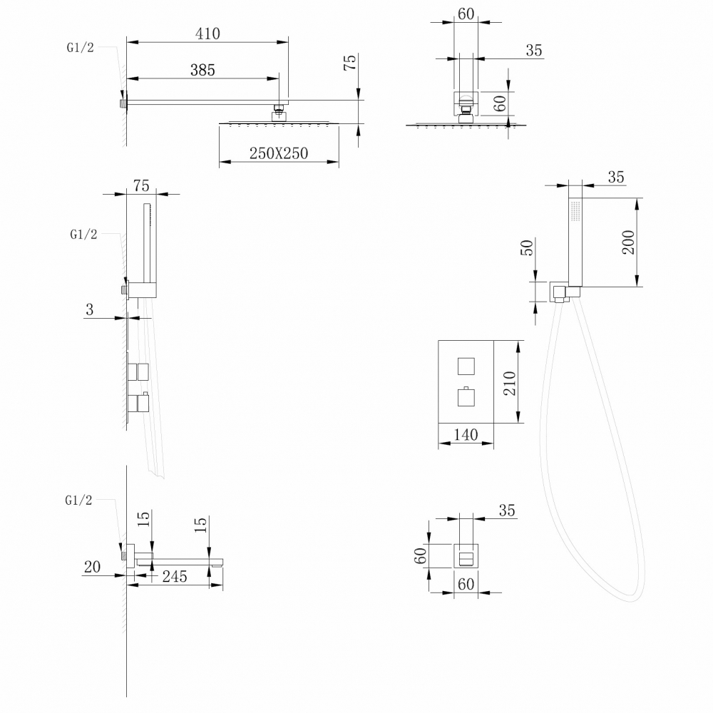 Душевая система скрытого монтажа с термостатом Abber Daheim AF8250NG (никель), излив