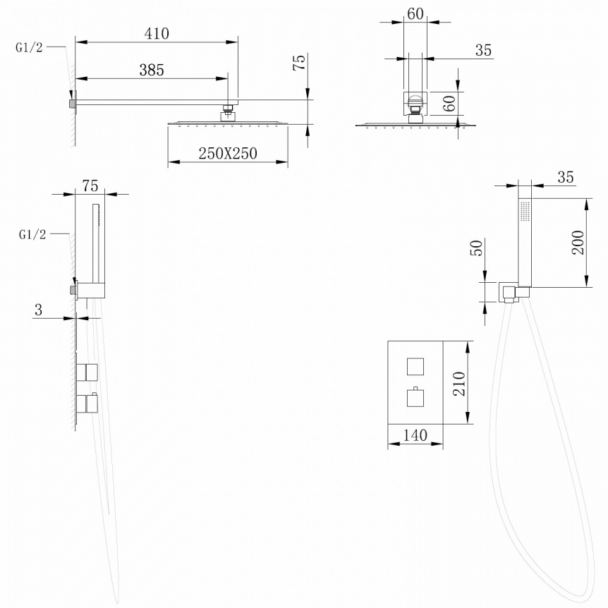 Душевая система скрытого монтажа с термостатом Abber Daheim AF8251NG (никель), без излива