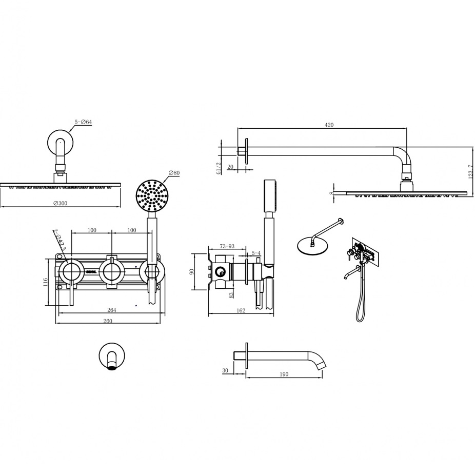 Душевая система Abber Wasser Kreis 316 AF8117BST 30x30 (сталь брашированная), с изливом