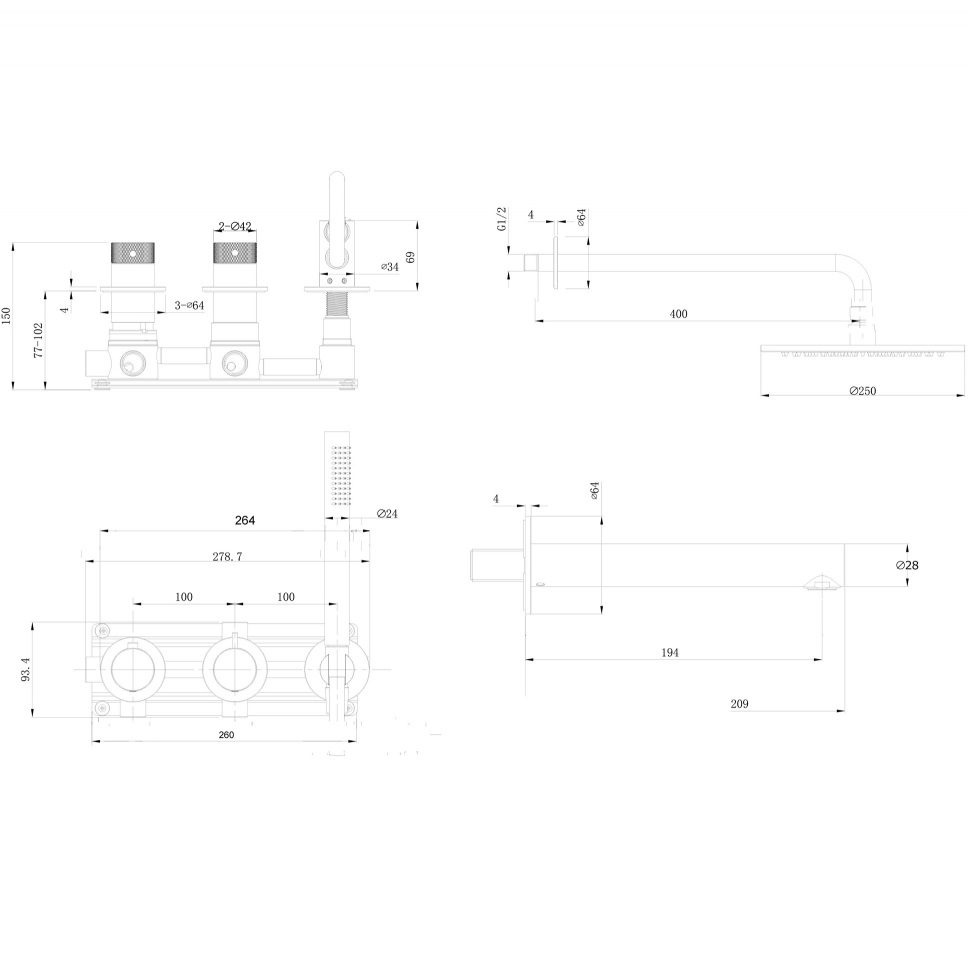 Душевая система Abber Emotion 316 AF8850BST 25x25 (сталь брашированная), с изливом