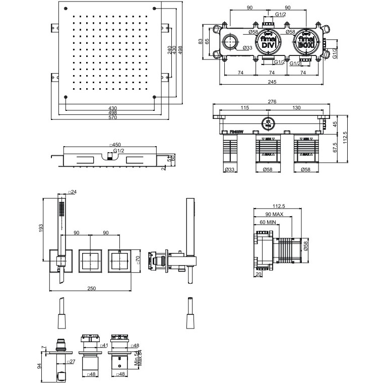 Душевая система потолочная встраиваемая 50х50см Fima Carlo Frattini Wellness Sistemi doccia F3989WX9Q50CR (хром), с термостатом, 2 источника