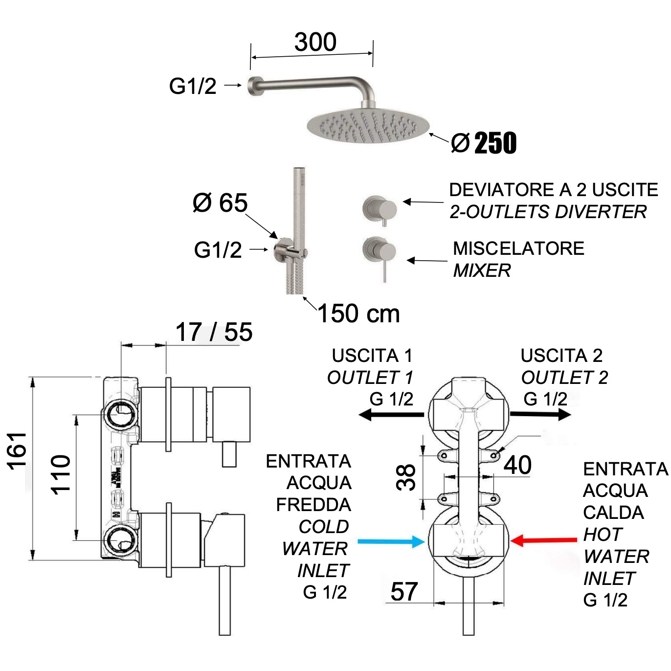 Душевая система Remer Inox SSX92PS02UFM25 (сталь), без излива