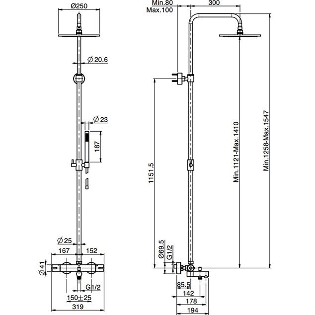 Душевая стойка с верхним душем 25x25 Fima Carlo Frattini Wellness Colonne doccia F3154/R256CR (хром), с термостатом, с изливом