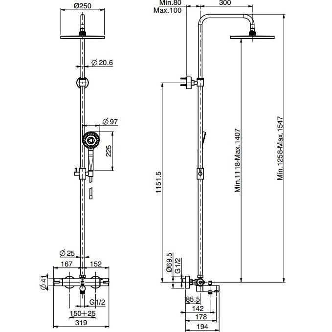 Душевая стойка с верхним душем 25x25 Fima Carlo Frattini Wellness Colonne doccia F3154/RP259CR (хром), с изливом